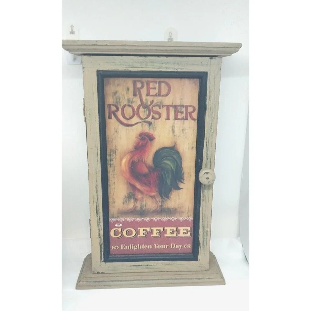 Vtg Red Rooster Coffee Sign Framed Art Key Holder Wall Box Free Standing/Mount
